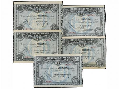 GUERRA CIVIL, ZONA REPUBLICANA. Lote 13 billetes 5 (4), 25 (