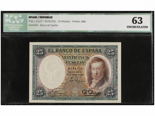 GUERRA CIVIL, ZONA REPUBLICANA. 25 Pesetas. 25 Abril 1931. V
