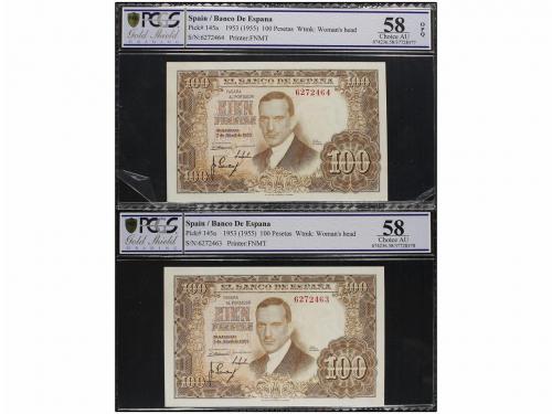 ESTADO ESPAÑOL. Lote 2 billetes 100 Pesetas. 7 Abril 1953. J