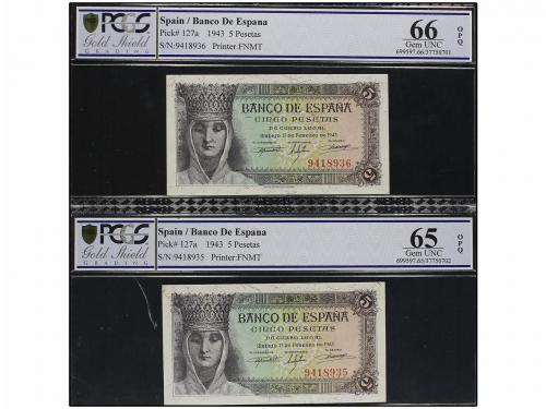 ESTADO ESPAÑOL. Lote 2 billetes 5 Pesetas. 13 Febrero 1943. 