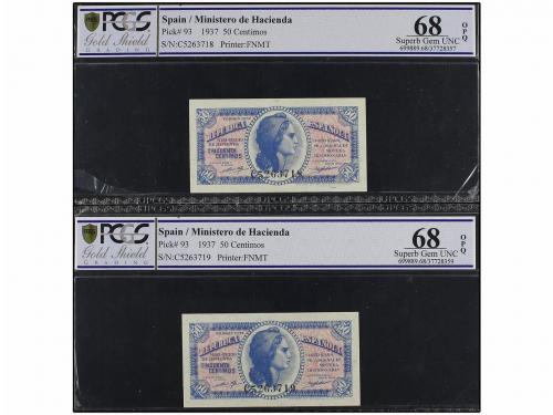 GUERRA CIVIL, ZONA REPUBLICANA. Lote 2 billetes 50 Céntimos.