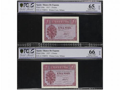 ESTADO ESPAÑOL. Lote 2 billetes 1 Peseta. 12 Octubre 1937. S