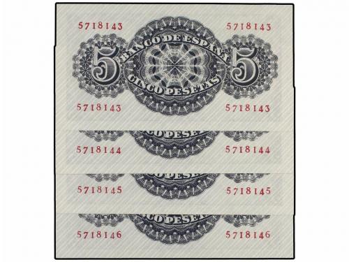 ESTADO ESPAÑOL. Lote 4 billetes 5 Pesetas. 12 Abril 1947. Sé