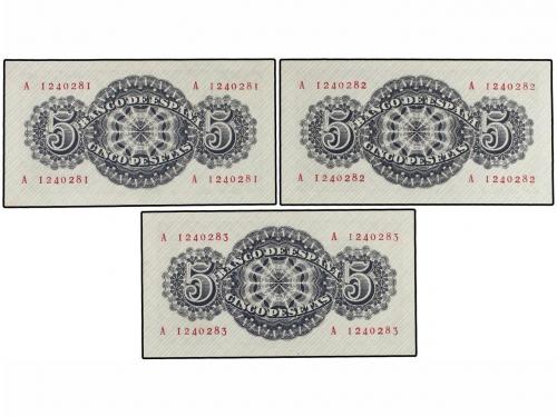 ESTADO ESPAÑOL. Lote 3 billetes 5 Pesetas. 12 Abril 1947. Sé