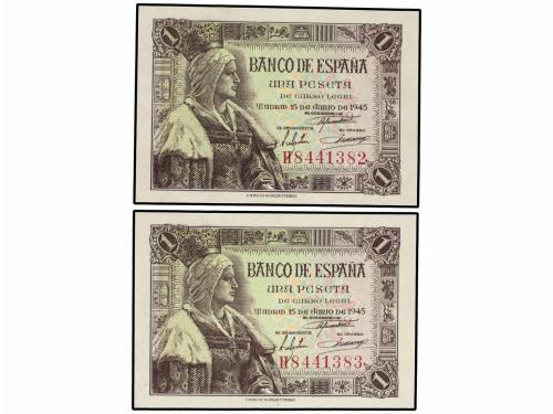 ESTADO ESPAÑOL. Lote 6 billetes 1 Peseta. 15 Junio 1945. Isa