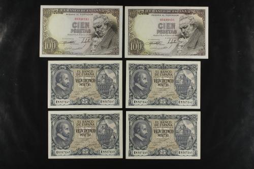ESTADO ESPAÑOL. Lote 10 billetes 25 (4), 100 (2), 500 y 1.00