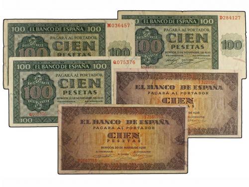 ESTADO ESPAÑOL. Lote 5 billetes 100 Pesetas. 1936 (3), 1938 