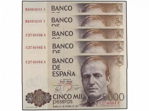 JUAN CARLOS I. Lote 5 billetes 5.000 Pesetas. 23 Octubre 197