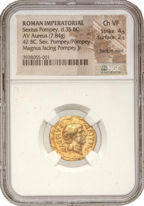 IMPERIO ROMANO. Áureo. Acuñada el 42-38 a.C. SEXTO POMPEYO. 