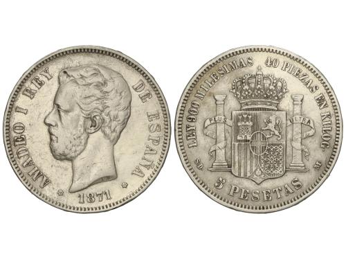 AMADEO I. 5 Pesetas. 1871. (*18-18). S.D-M. (Golpecitos). AC
