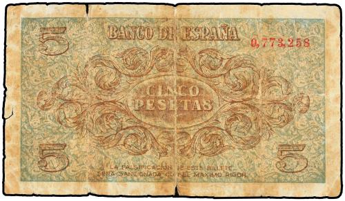 ESTADO ESPAÑOL. 5 Pesetas. 21 Noviembre 1936. (Roturas, manc