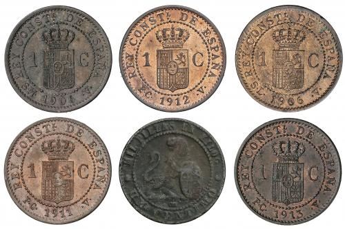 LOTES CENTENARIO. Serie 6 monedas 1 Céntimo. 1870 a 1913. I 
