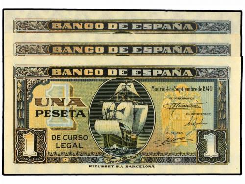 ESTADO ESPAÑOL. Lote 3 billetes 1 Peseta. 4 Septiembre 1940.