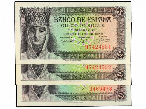 ESTADO ESPAÑOL. Lote 3 billetes 5 Pesetas. 13 Febrero 1943. 