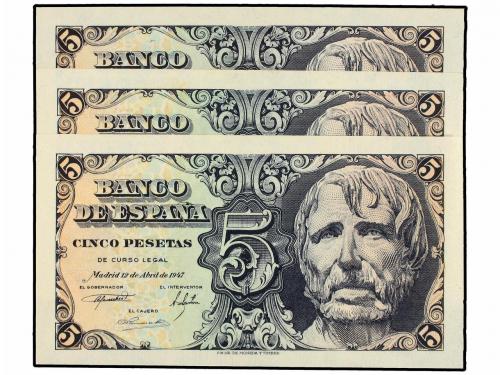 ESTADO ESPAÑOL. Lote 3 billetes 5 Pesetas. 12 Abril 1947. Sé