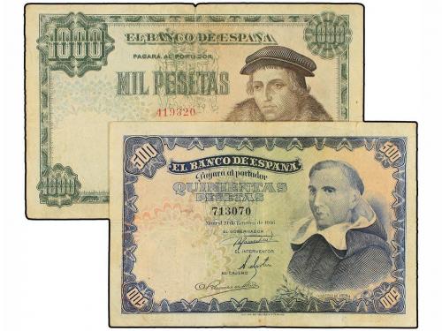 ESTADO ESPAÑOL. Lote 2 billetes 500, 1.000 Pesetas. 19 Febre