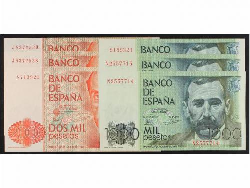 JUAN CARLOS I. Lote 6 billetes 1.000 (3), 2.000 Pesetas (3).
