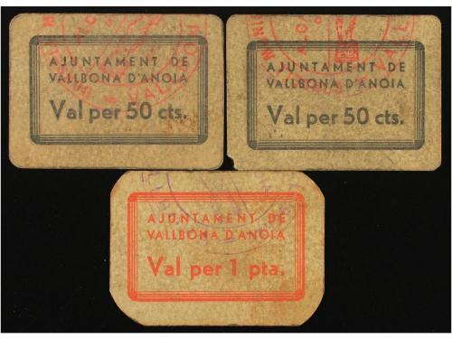 CATALUNYA. Lote 3 billetes 50 Cèntims (2), 1 Pesseta. Aj. de