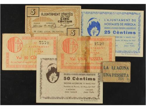 CATALUNYA. Lote 6 billetes. A5 Cèntims ARTÈS, 25 y 50 Cèntim