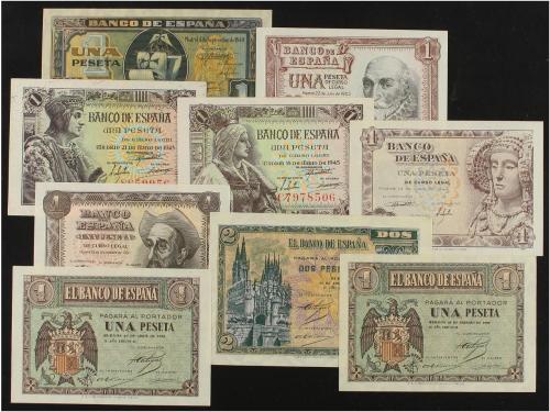 ESTADO ESPAÑOL. Lote 9 billetes 1 (8) y 2 Pesetas. 1938 a 19