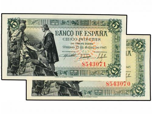 ESTADO ESPAÑOL. Lote 2 billetes 5 Pesetas. 15 Junio 1945. Ca