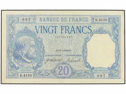BILLETES EXTRANJEROS. 20 Francos. 1918. FRANCIA. Bayard. RAR