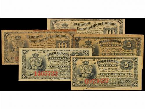 EMISIONES DE ULTRAMAR I ANDORRA. Lote 5 billetes 5 (3) y 10 