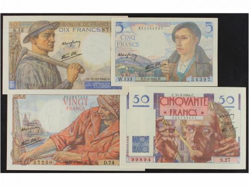 BILLETES EXTRANJEROS. Lote 4 billetes 5, 10, 20 y 50 Francos