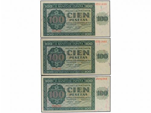 ESTADO ESPAÑOL. Lote 3 billetes 100 Pesetas. 21 Noviembre 19