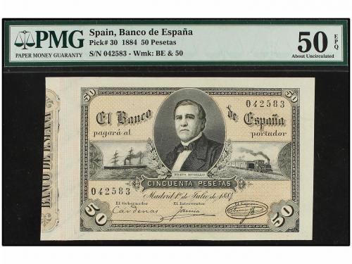 BANCO DE ESPAÑA. Lote 2 billetes 50 Pesetas. 1 Julio 1884. B