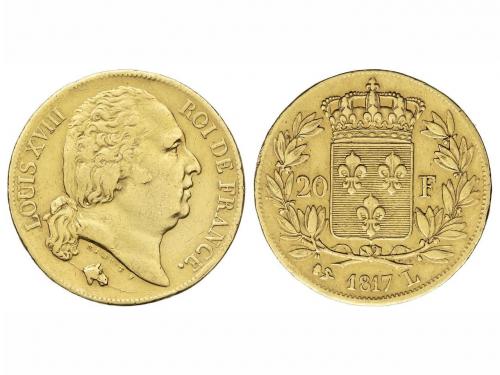 FRANCIA. 20 Francos. 1817-L. LUIS XVIII. 2º Reinado. BAYONA.