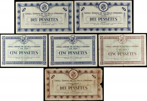 EMISIONES DE ULTRAMAR I ANDORRA. Lote 6 billetes 5 (3) y 10 