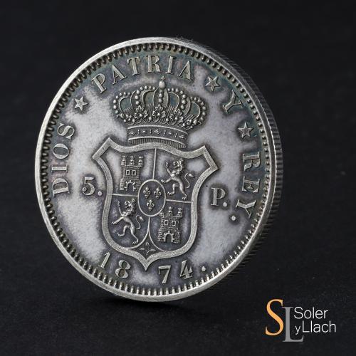 CARLOS VII Pretendiente. 5 Pesetas. 1874. BRUSELAS. 26,63 gr