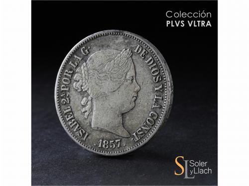 ISABEL II. 20 Reales. 1857. BARCELONA. 25,66 grs. Pátina. Ra