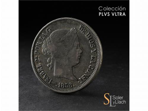 ISABEL II. 20 Reales. 1858. SEVILLA. 25,87 grs. Pátina oscur