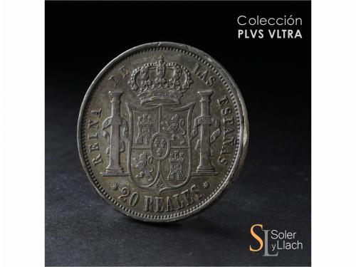 ISABEL II. 20 Reales. 1858. SEVILLA. 25,87 grs. Pátina oscur