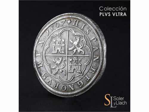 FELIPE II. 8 Reales. 1597. SEGOVIA. Anv.: OMNIVM. Acueducto 