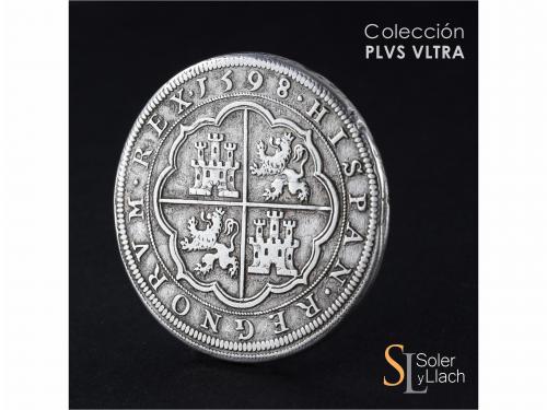 FELIPE II. 8 Reales. 1598. SEGOVIA. Anv.: OMNIVM. Acueducto 