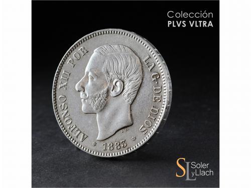 ALFONSO XII. 5 Pesetas. 1883 (*18-83). M.S.-M. Restos de bri