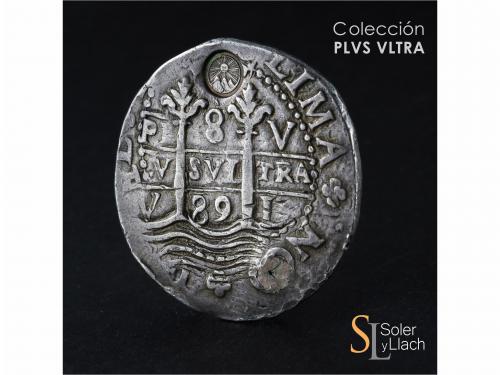 CARLOS II. 8 Reales. 1689. LIMA. V. Rev.: Resello sol sobre 