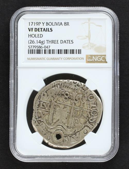 FELIPE V. 8 Reales. 1719. POTOSÍ. Y. 26,14 grs. Tres fechas.