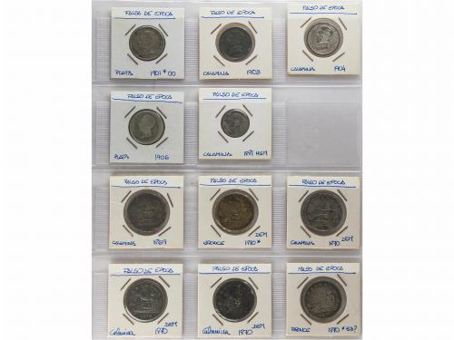 FALSAS de ÉPOCA. Lote 45 monedas 50 Céntimos, 1 y 2 Pesetas.