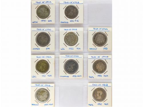 FALSAS de ÉPOCA. Lote 45 monedas 50 Céntimos, 1 y 2 Pesetas.