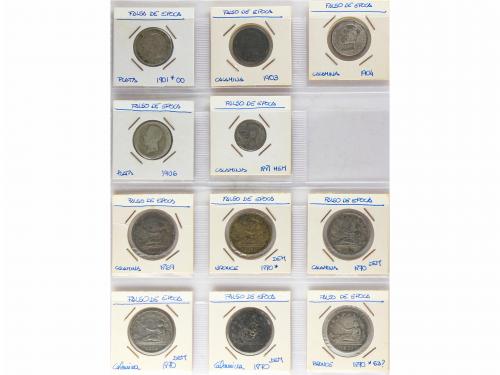 FALSAS de ÉPOCA. Lote 45 monedas 50 Céntimos, 1 y 2 Pesetas.