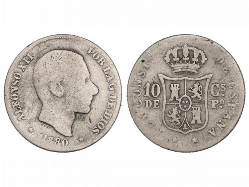 ALFONSO XII. 10 Centavos de Peso. 1880. MANILA. MUY RARA. BC