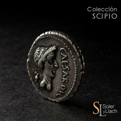 IMPERIO ROMANO. Denario. Acuñada el 43 a.C. JULIO CÉSAR y MA