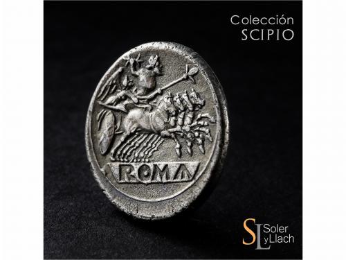 REPÚBLICA ROMANA. Didracma o Quadrigato. Acuñada el 225-212 