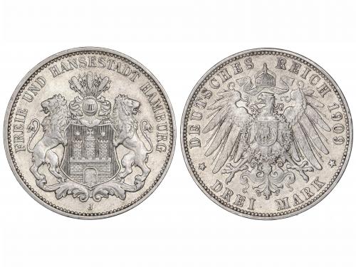 ESTADOS ALEMANES. 3 Marcos. 1909-J. HAMBURGO. 16,57 grs. AR.