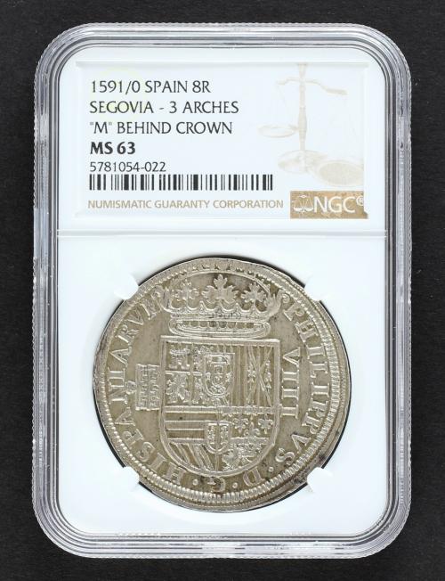 FELIPE II. 8 Reales. 1591/0. SEGOVIA. Anv.: Acueducto vertic