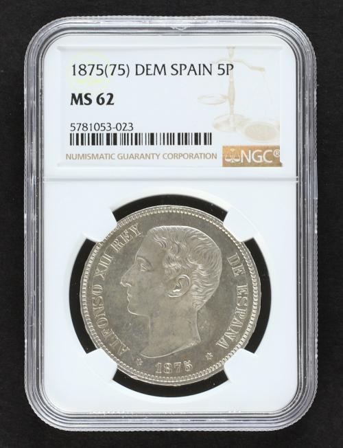 ALFONSO XII. 5 Pesetas. 1875 (*18-75). D.E.-M. Pleno brillo 